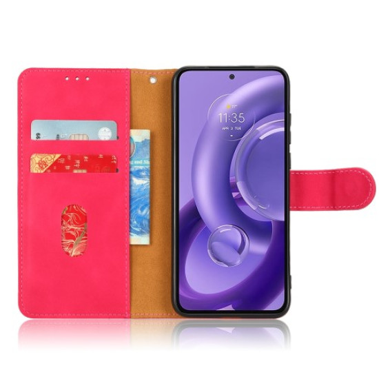 Skin-touch Feeling Phone Cover for Motorola Edge 30 Neo 5G. PU Leather Magnetic Clasp Stand Wallet Case with Strap - Red Motorola Cases Mobile