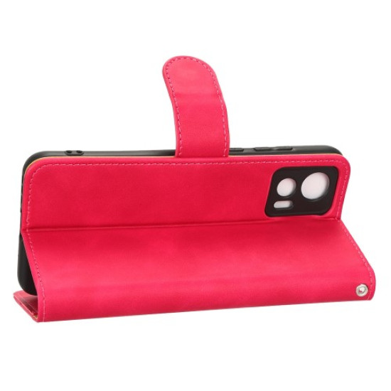 Skin-touch Feeling Phone Cover for Motorola Edge 30 Neo 5G. PU Leather Magnetic Clasp Stand Wallet Case with Strap - Red Motorola Cases Mobile