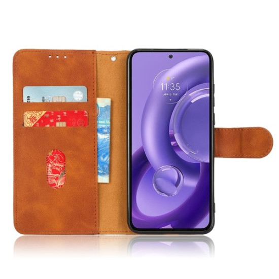 Skin-touch Feeling Phone Cover for Motorola Edge 30 Neo 5G. PU Leather Magnetic Clasp Stand Wallet Case with Strap - Brown Motorola Cases Mobile