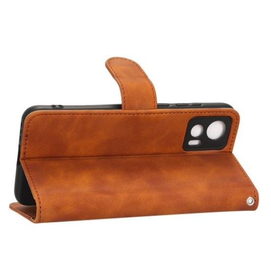 Skin-touch Feeling Phone Cover for Motorola Edge 30 Neo 5G. PU Leather Magnetic Clasp Stand Wallet Case with Strap - Brown Motorola Cases Mobile