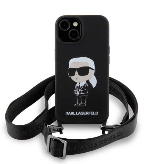 Karl Lagerfeld Liquid Silicone Crossbody Strap Ikonik Case for iPhone 15 - Black Apple Cases Mobile