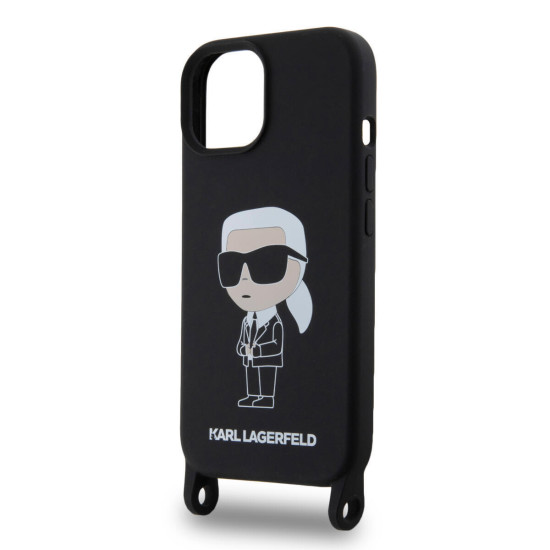 Karl Lagerfeld Liquid Silicone Crossbody Strap Ikonik Case for iPhone 15 - Black Apple Cases Mobile