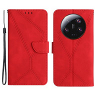 HT05 Θήκη Πορτοφόλι με Βάση Στήριξης (Όψη Δέρματος) με Γραμμές για Xiaomi 14 Ultra - Κόκκινο