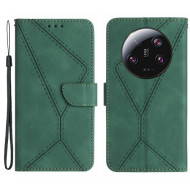 HT05 For Xiaomi 14 Ultra Wallet Case PU Leather Skin-touch Lines Imprinted Phone Cover - Green