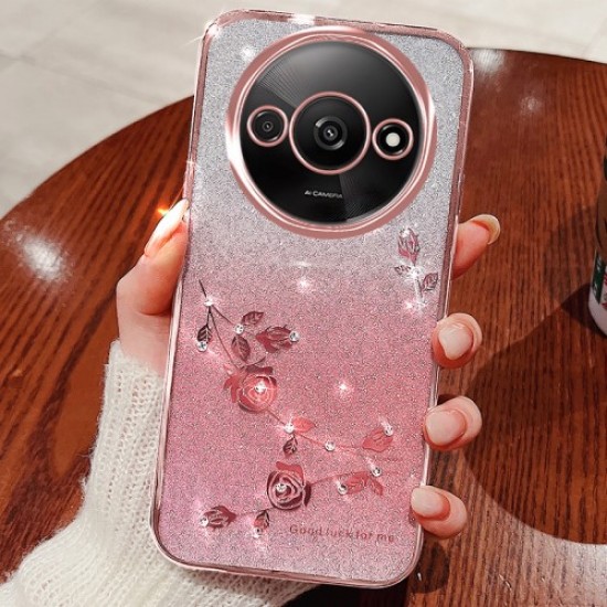 KADEM For Xiaomi Redmi A3 Glitter Flower Case Rhinestone Decor Flexible TPU Phone Cover - Rose Gold XIAOMI Cases Mobile
