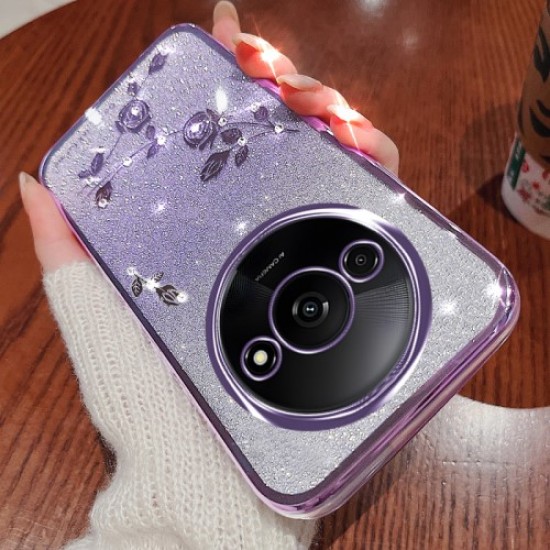 KADEM For Xiaomi Redmi A3 Glitter Flower Case Rhinestone Decor Flexible TPU Phone Cover - Purple XIAOMI Cases Mobile