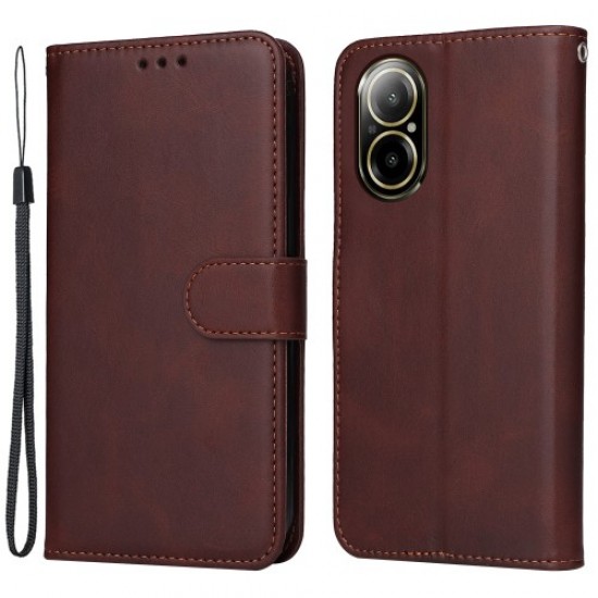 For Realme C67 4G Case Calf Texture PU Leather Magnetic Clasp Cover with Wallet - Brown Oppo Realme Cases Mobile