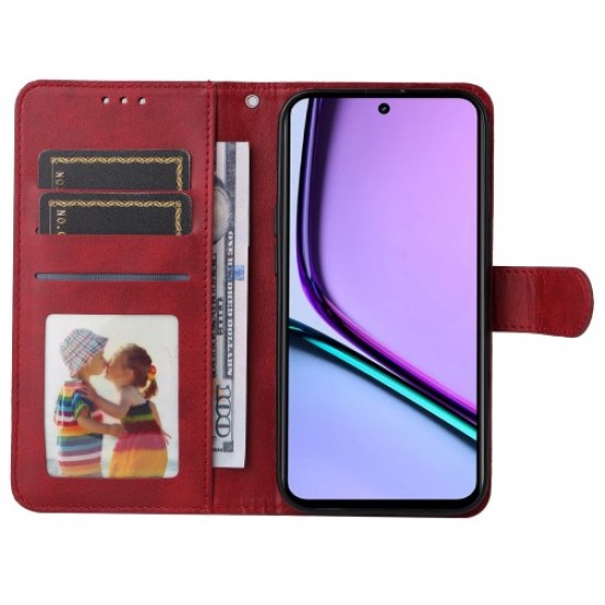 For Realme C67 4G Case Calf Texture PU Leather Magnetic Clasp Cover with Wallet - Red Oppo Realme Cases Mobile