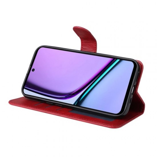 For Realme C67 4G Case Calf Texture PU Leather Magnetic Clasp Cover with Wallet - Red Oppo Realme Cases Mobile