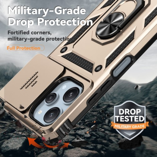 Υβριδική Θήκη με Πορτάκι Κάμερας και Δαχτυλίδι Κρατήματος για Xiaomi Redmi 12 4G / 5G (Global) / Poco M6 Pro 5G - Χρυσαφί 