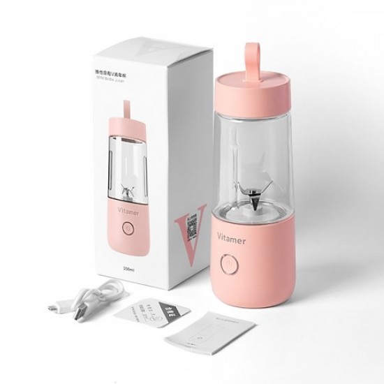 VITAMER 350ml Portable Electric Fruit Juicer USB Rechargeable Smoothie Blender Machine Kitchen Fruit Mixer Cup Juicing Cup - Pink Gadgets - Toys - Hobby