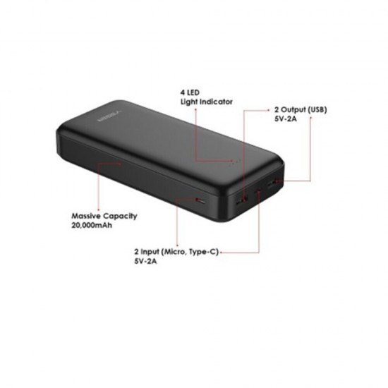 Veger A20 VP2015 Power Bank 20000mAh με 2 Θύρες USB-A - Μαύρο (200-108-230) Εξωτερική Μπαταρία - Power Bank