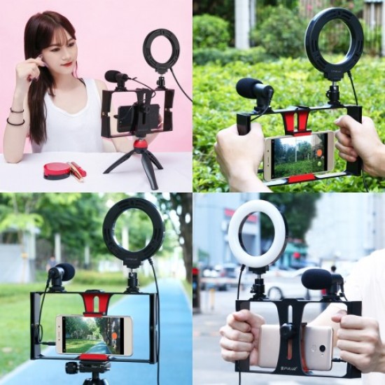 PULUZ PKT3026 Handheld Cage Rig Kit Cell Phone Ring Fill Light with Adapter for Photography Live Streaming - Red Holders & Docks