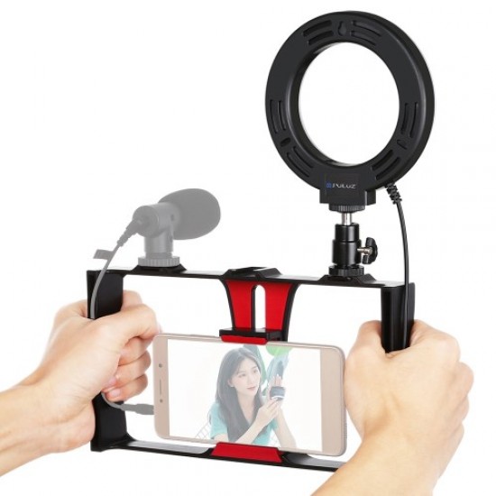 PULUZ PKT3026 Handheld Cage Rig Kit Cell Phone Ring Fill Light with Adapter for Photography Live Streaming - Red Holders & Docks