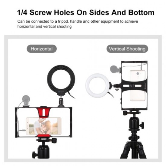 PULUZ PKT3026 Handheld Cage Rig Kit Cell Phone Ring Fill Light with Adapter for Photography Live Streaming - Red Holders & Docks