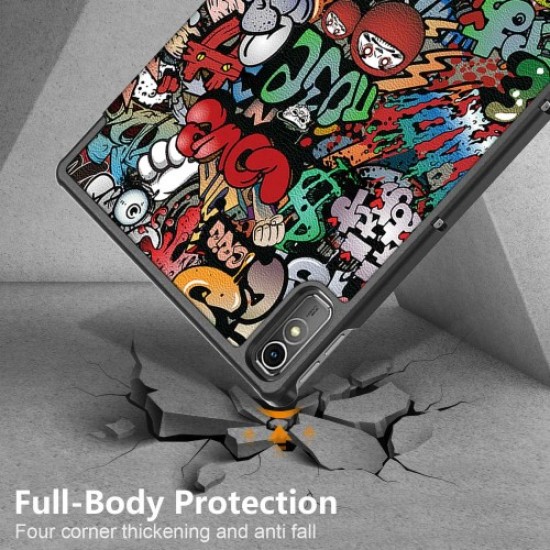 For Lenovo Tab P11 Gen 2 Pattern Printing PU Leather Protective Cover Trifold Stand Smart Tablet Case with Auto Wake / Sleep - Graffiti Lenovo Cases Mobile Tablet