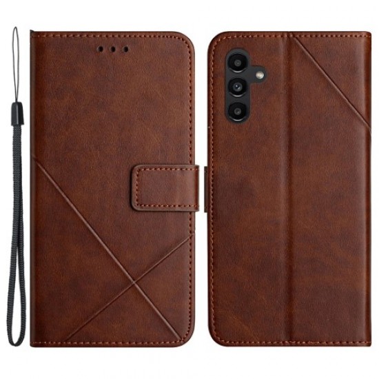For Samsung Galaxy A55 5G Case Leather Solid Color Imprinted Cover with Wrist Strap - Brown Samsung Cases Mobile