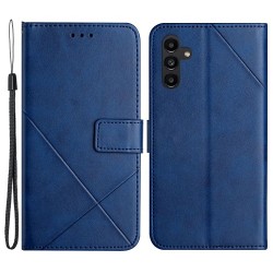 For Samsung Galaxy A55 5G Case Leather Solid Color Imprinted Cover with Wrist Strap - Blue