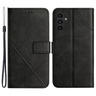 For Samsung Galaxy A55 5G Case Leather Solid Color Imprinted Cover with Wrist Strap - Black