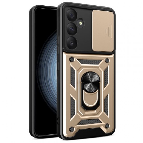 For Samsung Galaxy A55 5G Cell Phone Case Anti-dust Kickstand Cover with Slide Lens Protection - Gold Samsung Cases Mobile