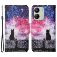 Θήκη Πορτοφόλι με Βάση Στήριξης (Όψη Δέρματος) για Xiaomi Redmi 13C 4G / Poco C65 4G - Γατούλα και Έναστρος Ουρανός
