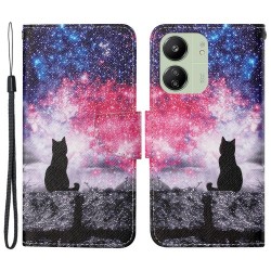 Θήκη Πορτοφόλι με Βάση Στήριξης (Όψη Δέρματος) για Xiaomi Redmi 13C 4G / Poco C65 4G - Γατούλα και Έναστρος Ουρανός