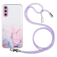 For Samsung Galaxy S24 Case Marble Pattern Embossing TPU Back Cover with Lanyard - Pink