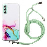 For Samsung Galaxy S24 Case Marble Pattern Embossing TPU Back Cover with Lanyard - Green