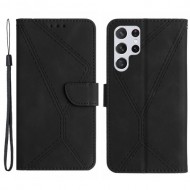 HT05 For Samsung Galaxy S24 Ultra Case Imprinted PU Leather Viewing Stand Phone Cover - Black