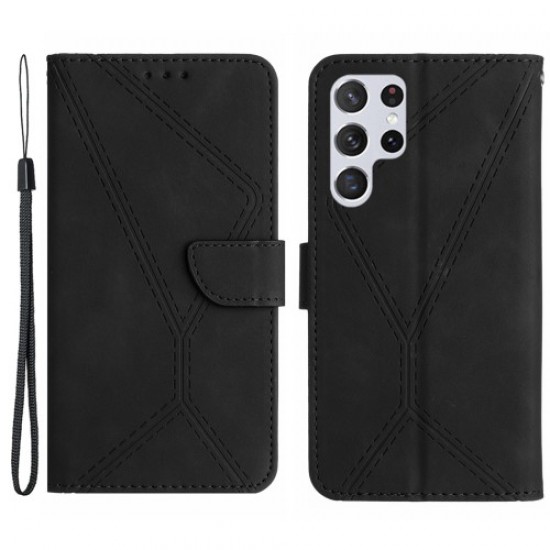 HT05 For Samsung Galaxy S24 Ultra Case Imprinted PU Leather Viewing Stand Phone Cover - Black Samsung Cases Mobile