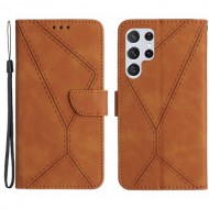 HT05 For Samsung Galaxy S24 Ultra Case Imprinted PU Leather Viewing Stand Phone Cover - Brown