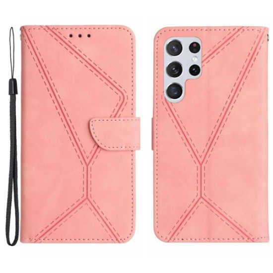 HT05 For Samsung Galaxy S24 Ultra Case Imprinted PU Leather Viewing Stand Phone Cover - Pink Samsung Cases Mobile