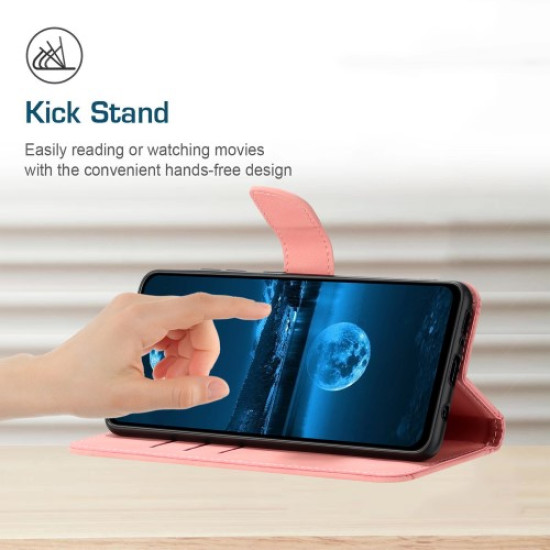 HT05 For Samsung Galaxy S24 Ultra Case Imprinted PU Leather Viewing Stand Phone Cover - Pink Samsung Cases Mobile