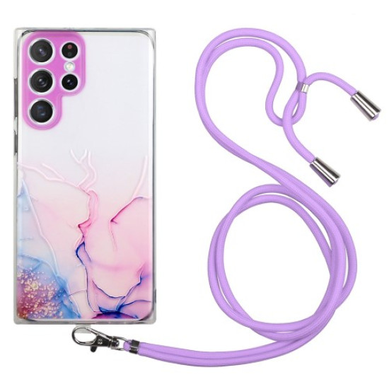For Samsung Galaxy S24 Ultra TPU Case Marble Pattern Embossing Phone Cover with Lanyard - Pink Samsung Cases Mobile
