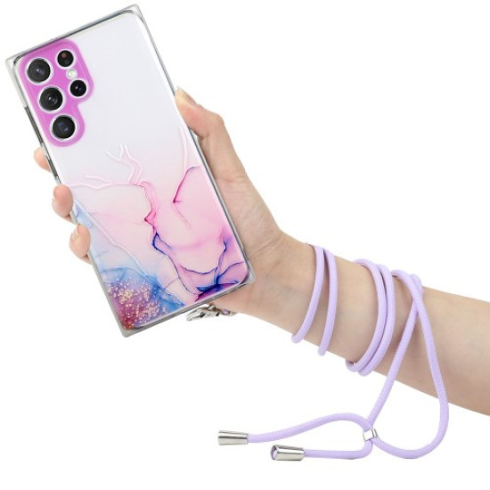 For Samsung Galaxy S24 Ultra TPU Case Marble Pattern Embossing Phone Cover with Lanyard - Pink Samsung Cases Mobile