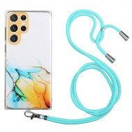 For Samsung Galaxy S24 Ultra TPU Case Marble Pattern Embossing Phone Cover with Lanyard - Yellow
