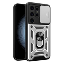Υβριδική Θήκη με Πορτάκι Κάμερας και Δαχτυλίδι Κρατήματος για Samsung Galaxy S24 Ultra - Ασημί