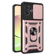 For Motorola Moto G54 5G Case Slide Lens Guard PC+TPU Ring Kickstand Fall Resistant Phone Cover - Rose Gold