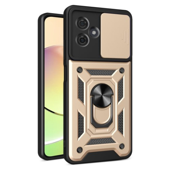 For Motorola Moto G54 5G Case Slide Lens Guard PC+TPU Ring Kickstand Fall Resistant Phone Cover - Gold Motorola Cases Mobile