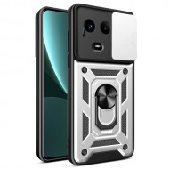 For Realme 11x 5G / 11 5G (Global) Case Slide Lens Guard PC+TPU Ring Kickstand Phone Cover - Silver