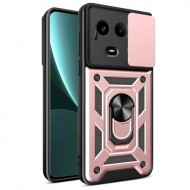 For Realme 11x 5G / 11 5G (Global) Case Slide Lens Guard PC+TPU Ring Kickstand Phone Cover - Rose Gold