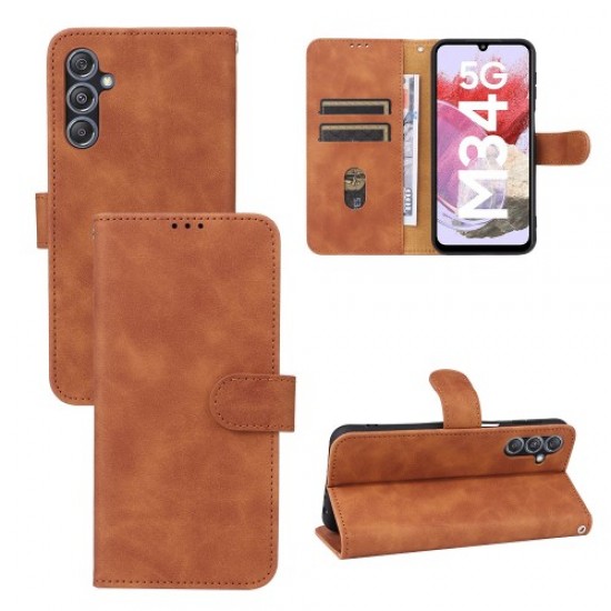 For Samsung Galaxy F34 5G / M34 5G Stand Skin-touch Phone Case Wallet PU Leather Full Protection Phone Cover - Brown Samsung Cases Mobile