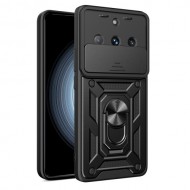 Slide Lens Protection Phone Case for Realme 11 Pro 5G / 11 Pro+ 5G . PC+TPU Ring Kickstand Cover - Black