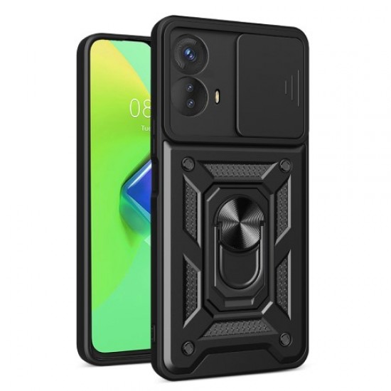 Kickstand PC+TPU Phone Cover for Motorola Moto G53 5G . Slide Push Pull Camera Lens Protection Shell Phone Case - Black Motorola Cases Mobile