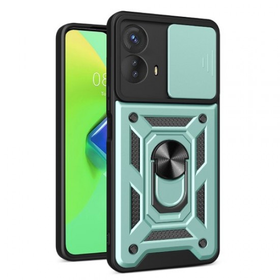 Kickstand PC+TPU Phone Cover for Motorola Moto G53 5G . Slide Push Pull Camera Lens Protection Shell Phone Case - Green Motorola Cases Mobile