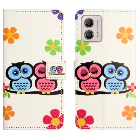 For Motorola Moto G53 5G / G23 4G / G13 4G Stand Phone Case PU Leather Pattern Printing Phone Wallet Cover - Couple Owls Motorola Cases Mobile