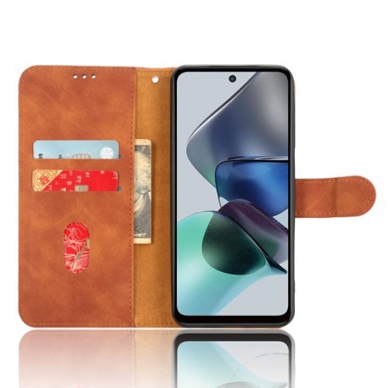 Θήκη Πορτοφόλι με Βάση Στήριξης (Όψη Δέρματος) για Motorola Moto G23 4G / G53 5G / G13 4G - Καφέ Motorola Θήκες Κινητών