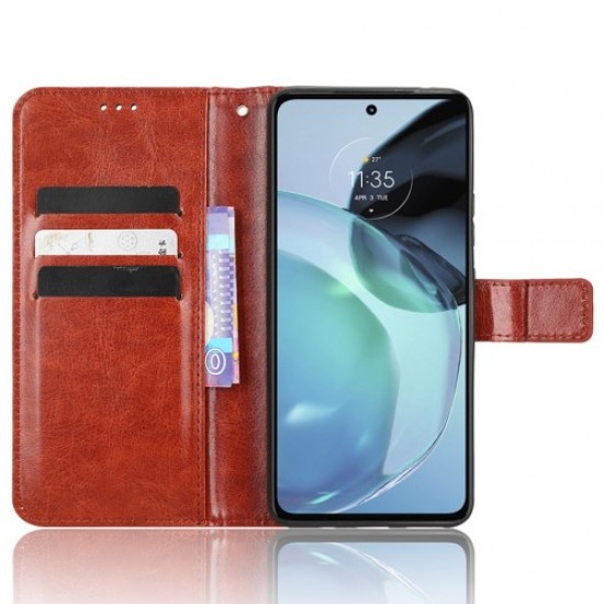For Motorola Moto G72 4G Anti-scratch PU Leather Wallet Magnetic Phone Case Flip Stand Feature Crazy Horse Texture Cover with Strap - Brown Motorola Cases Mobile
