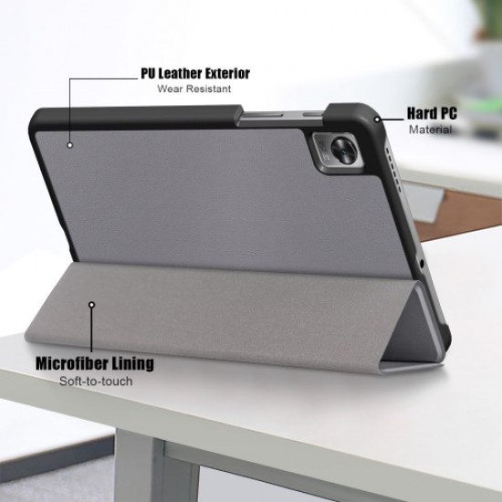 Tablet Covering Shell for Realme Pad Mini PC+PU Leather Trifold Stand Cover Well-protected Flip Tablet Case - Grey Oppo Realme Tablet Cases