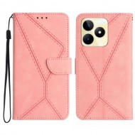HT05 For Realme C53 4G PU Leather Stand Case Imprinted Line Skin-touch Phone Wallet Cover - Pink